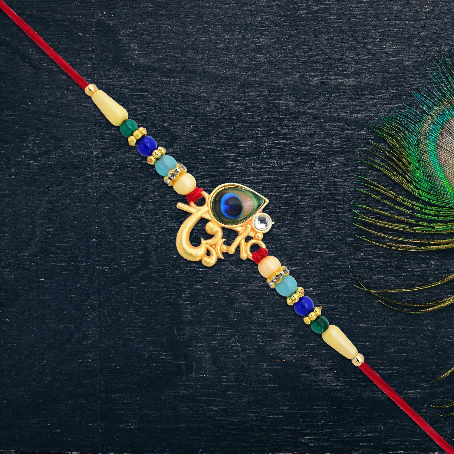 Divine Govind Rakhi With Peacock Feather Design And Multicolor Beads